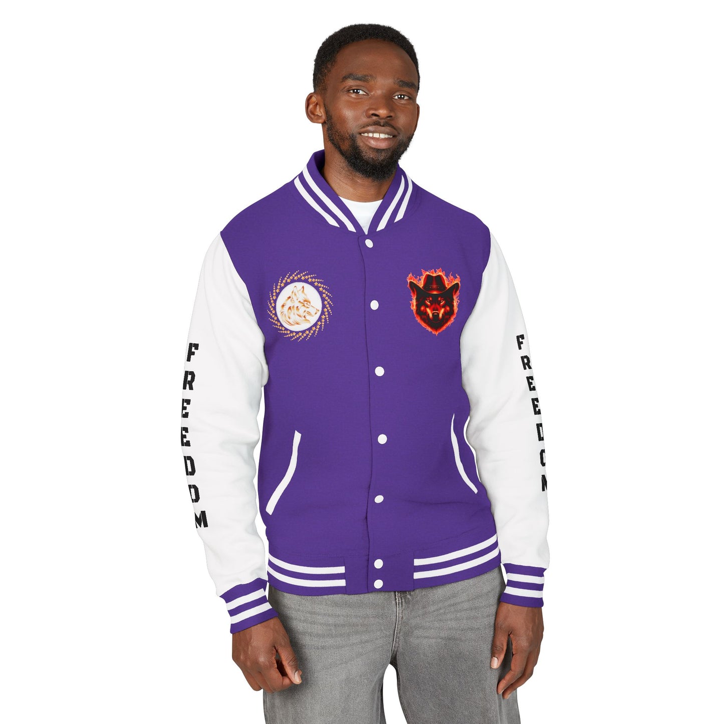 Unisex Heavyweight Letterman Jacket - Freedom Spirit with Wolf and Symbols