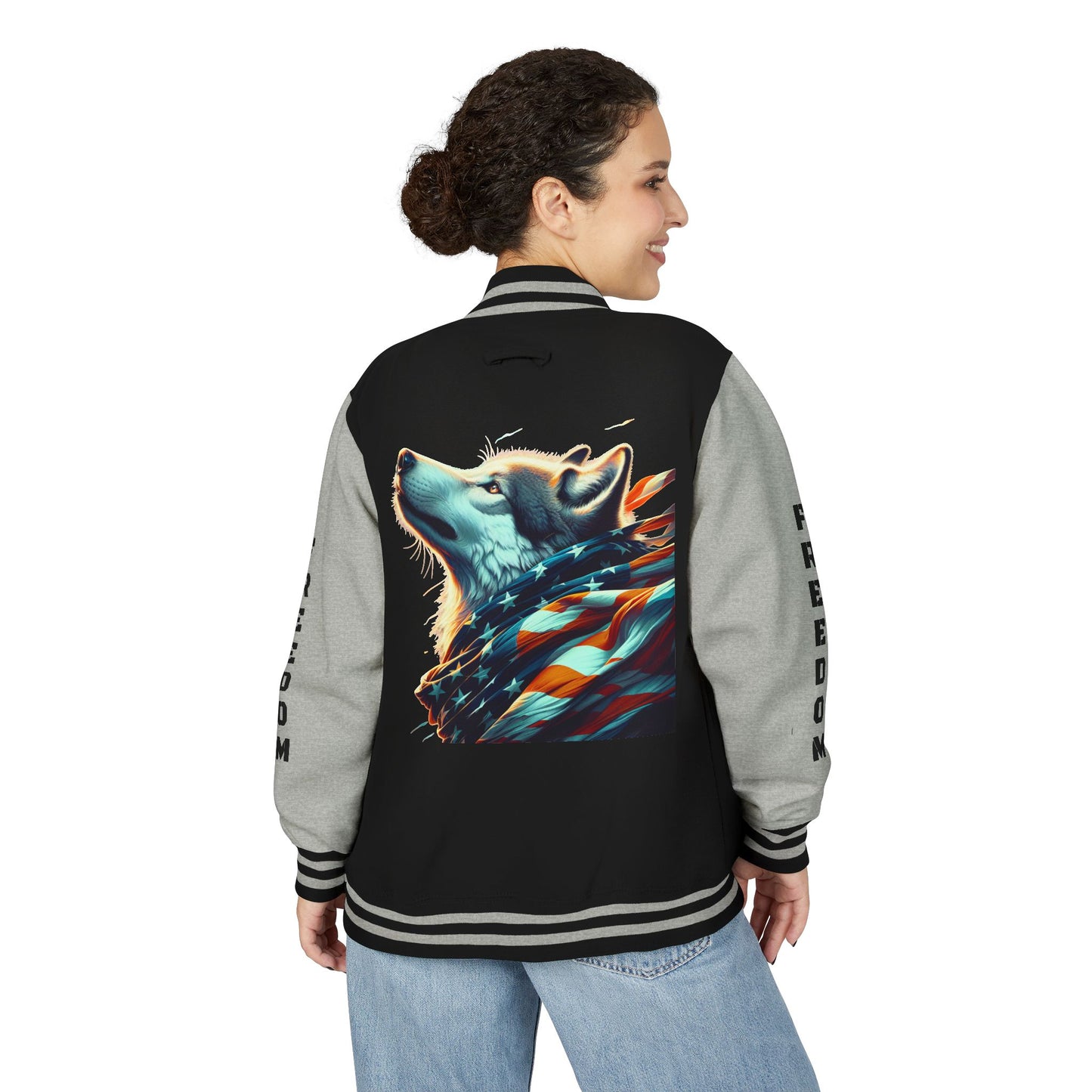 Unisex Heavyweight Letterman Jacket - Freedom Spirit with Wolf and Symbols