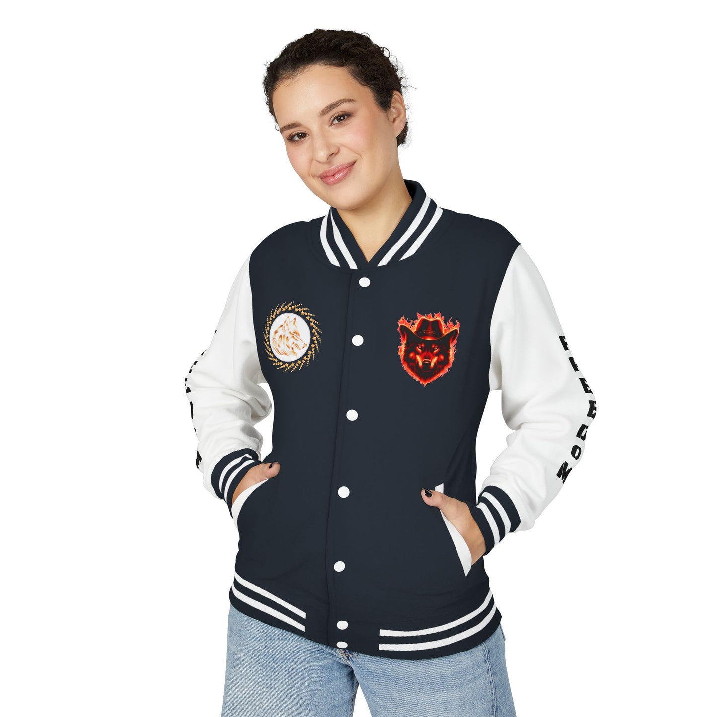 Unisex Heavyweight Letterman Jacket - Freedom Spirit with Wolf and Symbols