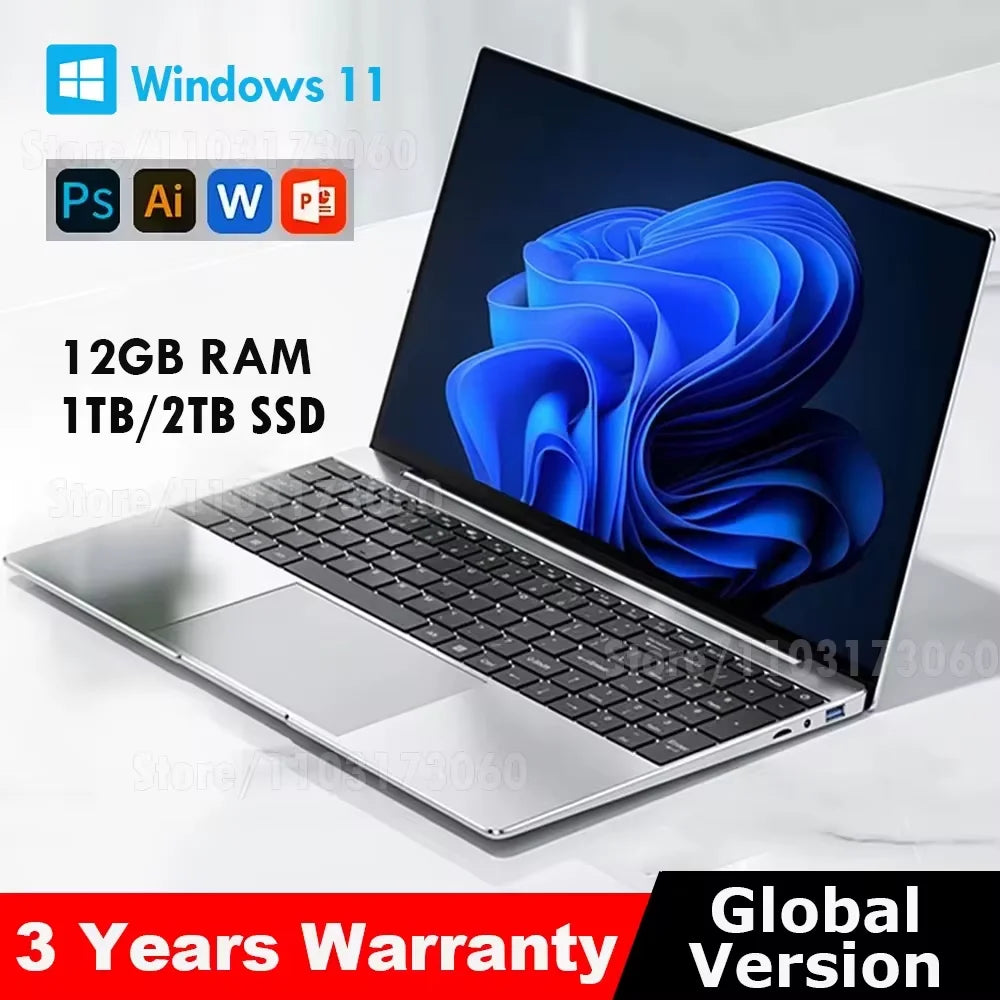 NEW 14.1'' Slim Office Laptop Windows 11 Intel N4000 180° 12GB RAM 512GB 1TB SSD 1920*1080 Office Study Computer PC