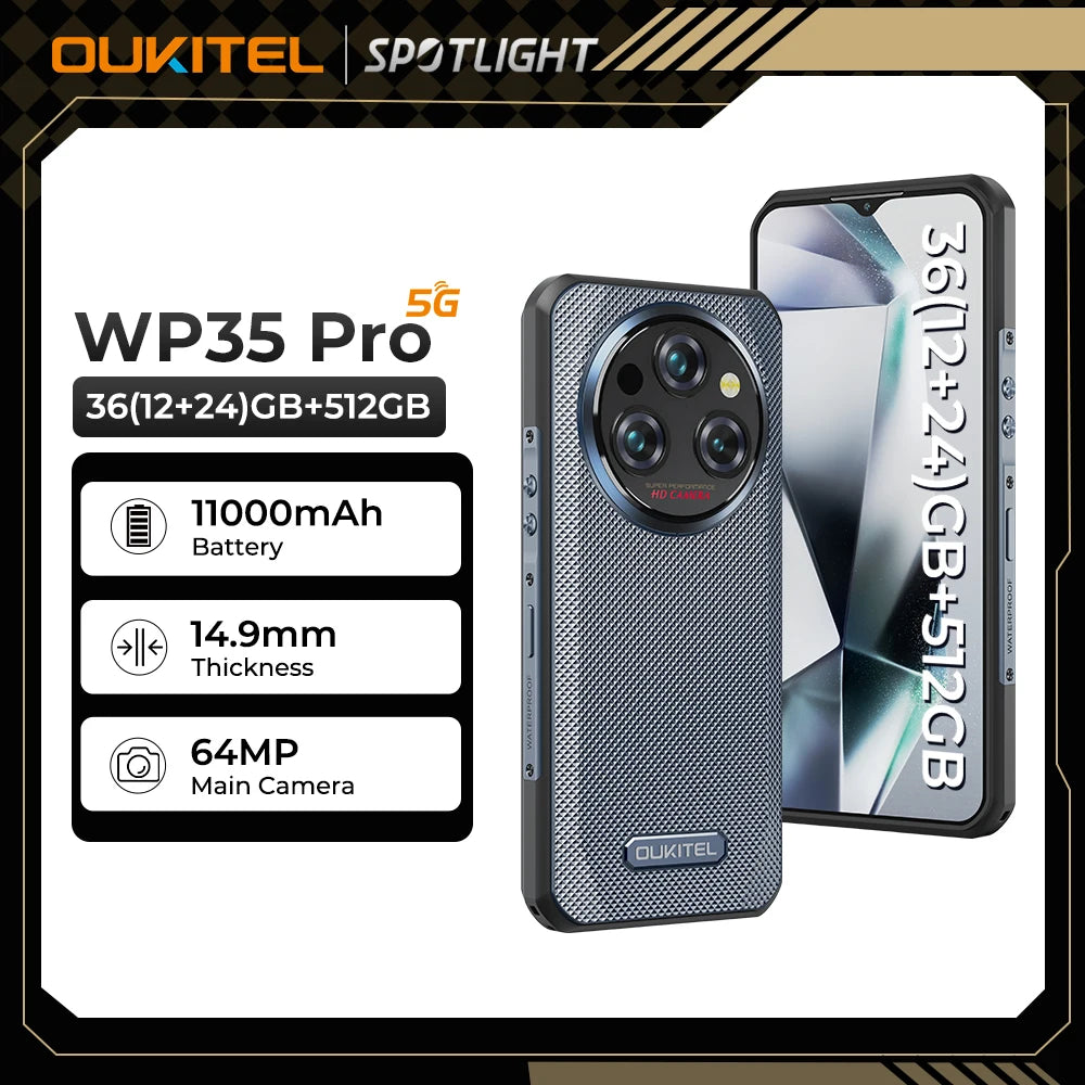 Oukitel WP35 PRO Rugged Smartphone, 5G, 11000mAh, 36GB + 512GB, Andiron 14, 64 MP, NFC Cell Phone