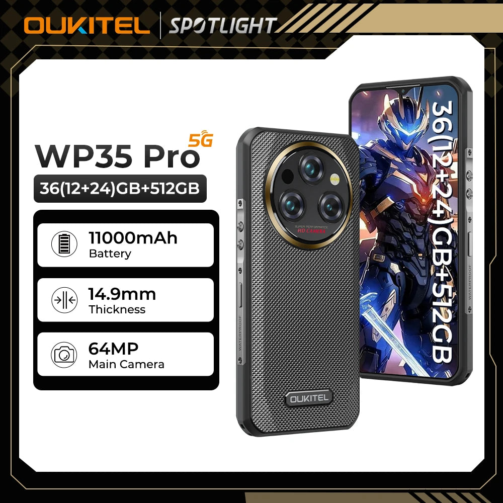 Oukitel WP35 PRO Rugged Smartphone, 5G, 11000mAh, 36GB + 512GB, Andiron 14, 64 MP, NFC Cell Phone