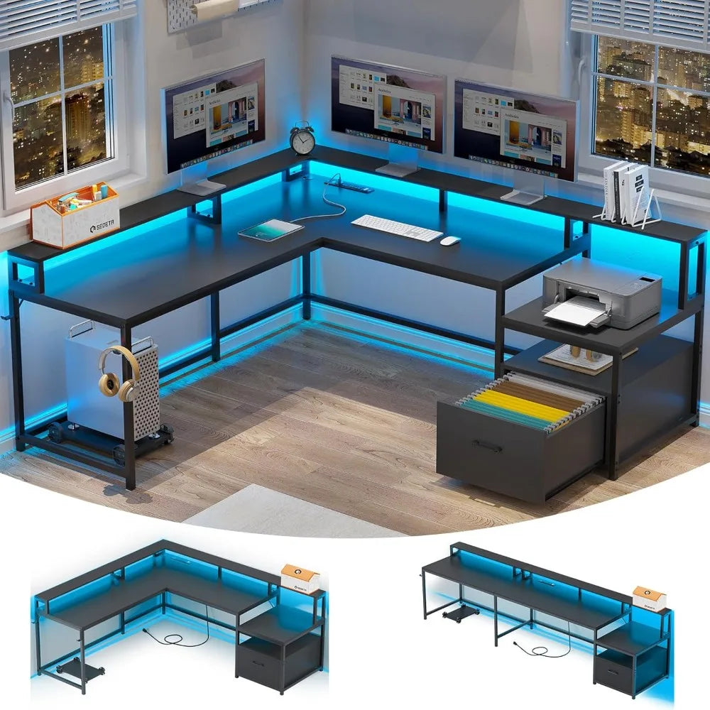 L Shaped Gaming Desk, 66" Home Office Desk with File Drawer & Power Outlet, Corner Gaming Computer Desk with Led Lights,
