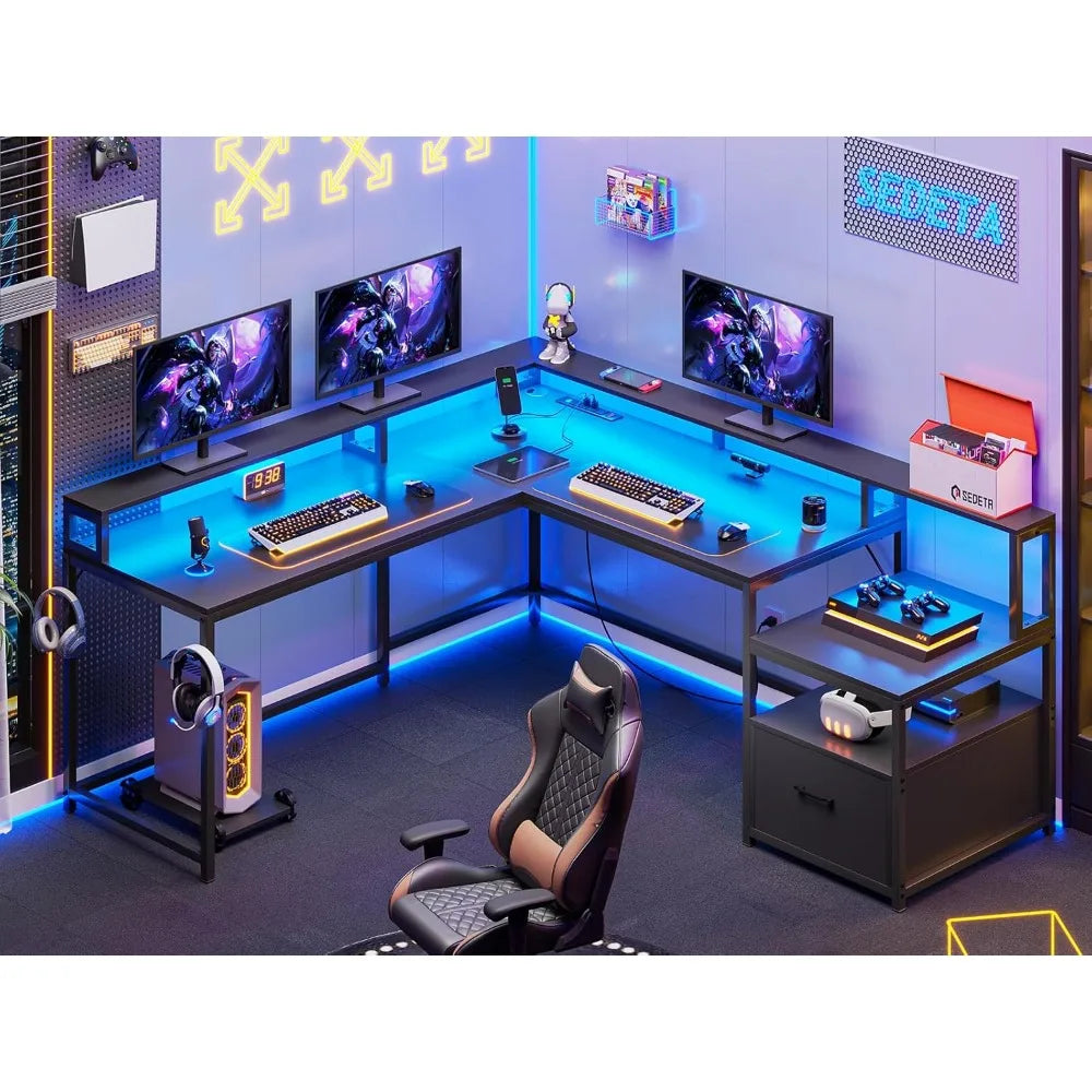 L Shaped Gaming Desk, 66" Home Office Desk with File Drawer & Power Outlet, Corner Gaming Computer Desk with Led Lights,