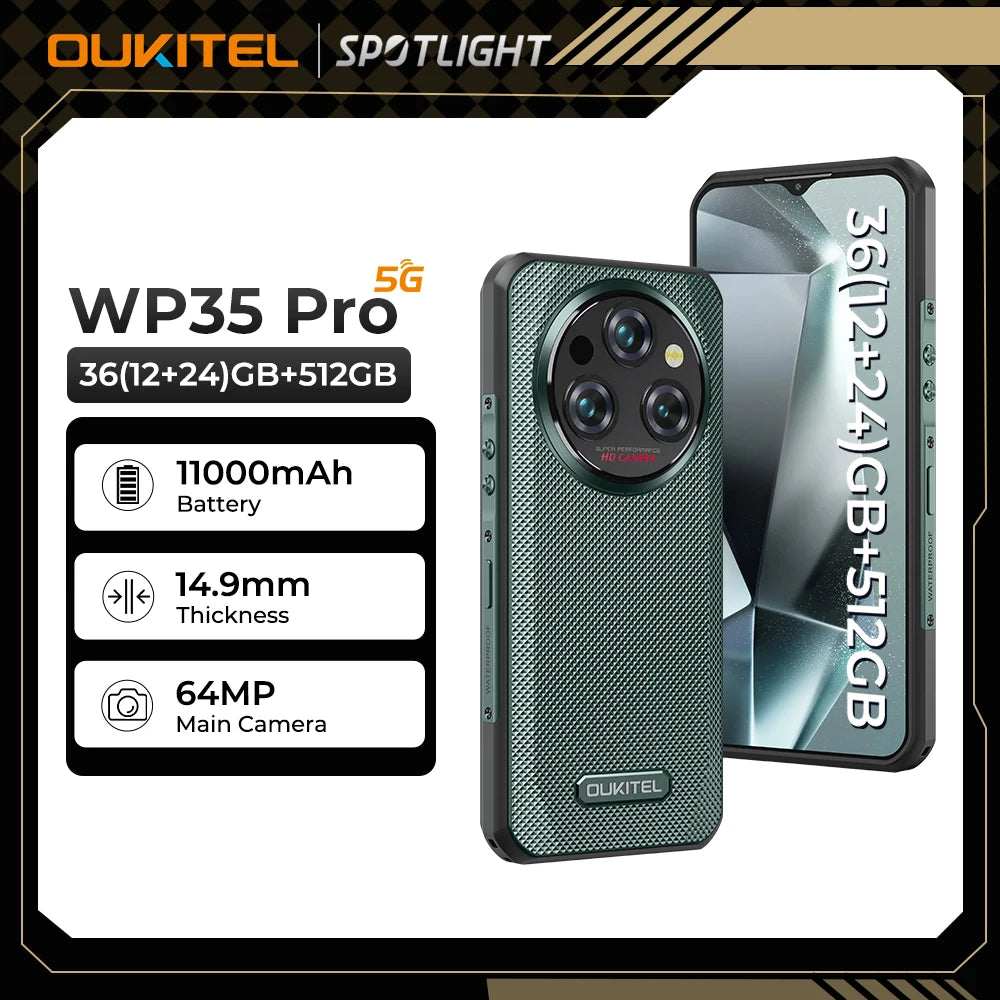 Oukitel WP35 PRO Rugged Smartphone, 5G, 11000mAh, 36GB + 512GB, Andiron 14, 64 MP, NFC Cell Phone
