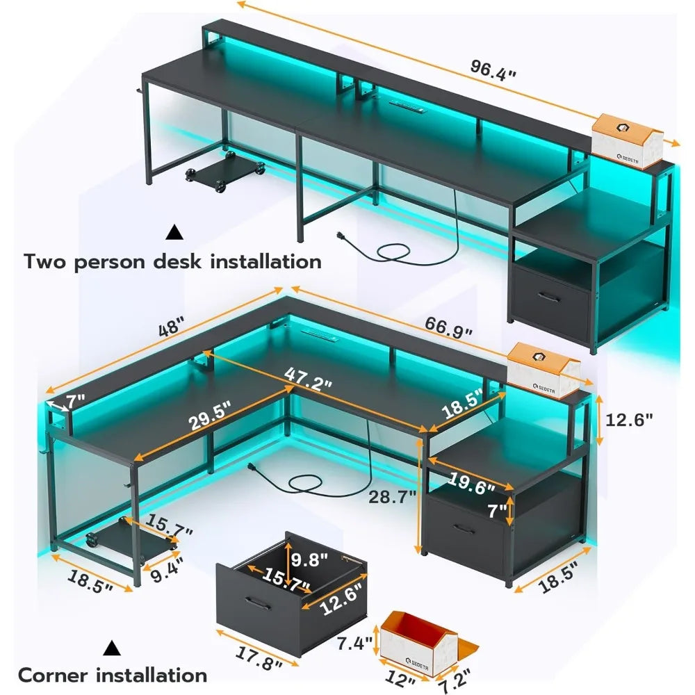 L Shaped Gaming Desk, 66" Home Office Desk with File Drawer & Power Outlet, Corner Gaming Computer Desk with Led Lights,
