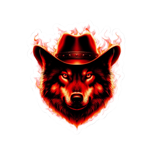 Wolf Cowboy Kiss-Cut Sticker - Fierce Fire Design for Laptops, Water Bottles, and More