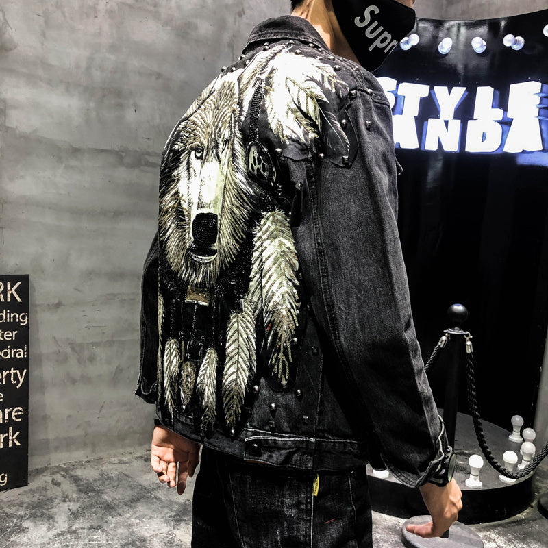 Boy Jeans Jacket Wolf Embroidery, Slim Men's Jacket