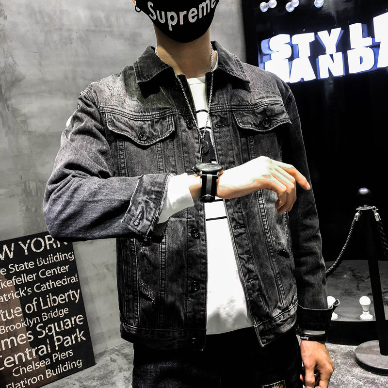 Boy Jeans Jacket Wolf Embroidery, Slim Men's Jacket