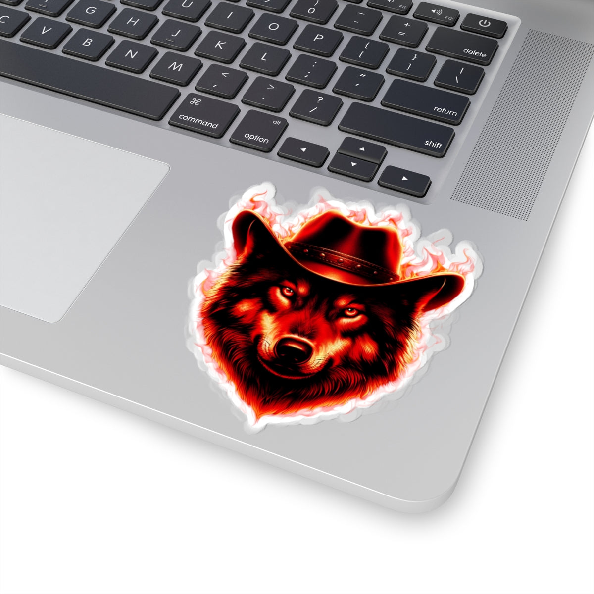 Wolf Cowboy Kiss-Cut Sticker - Fierce Fire Design for Laptops, Water Bottles, and More