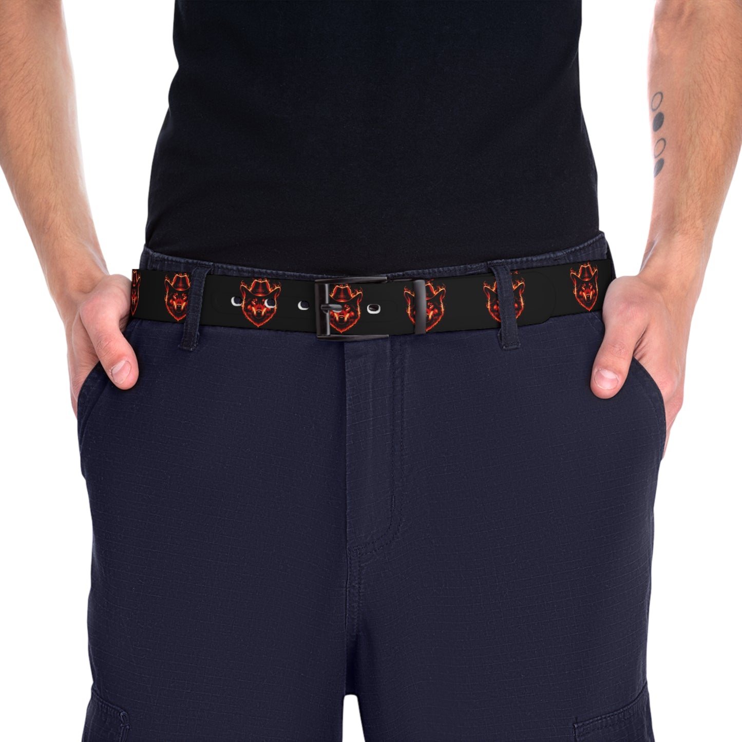 Stylish Graphic Belt - Trendy Black & Red bold fire Wolf Design