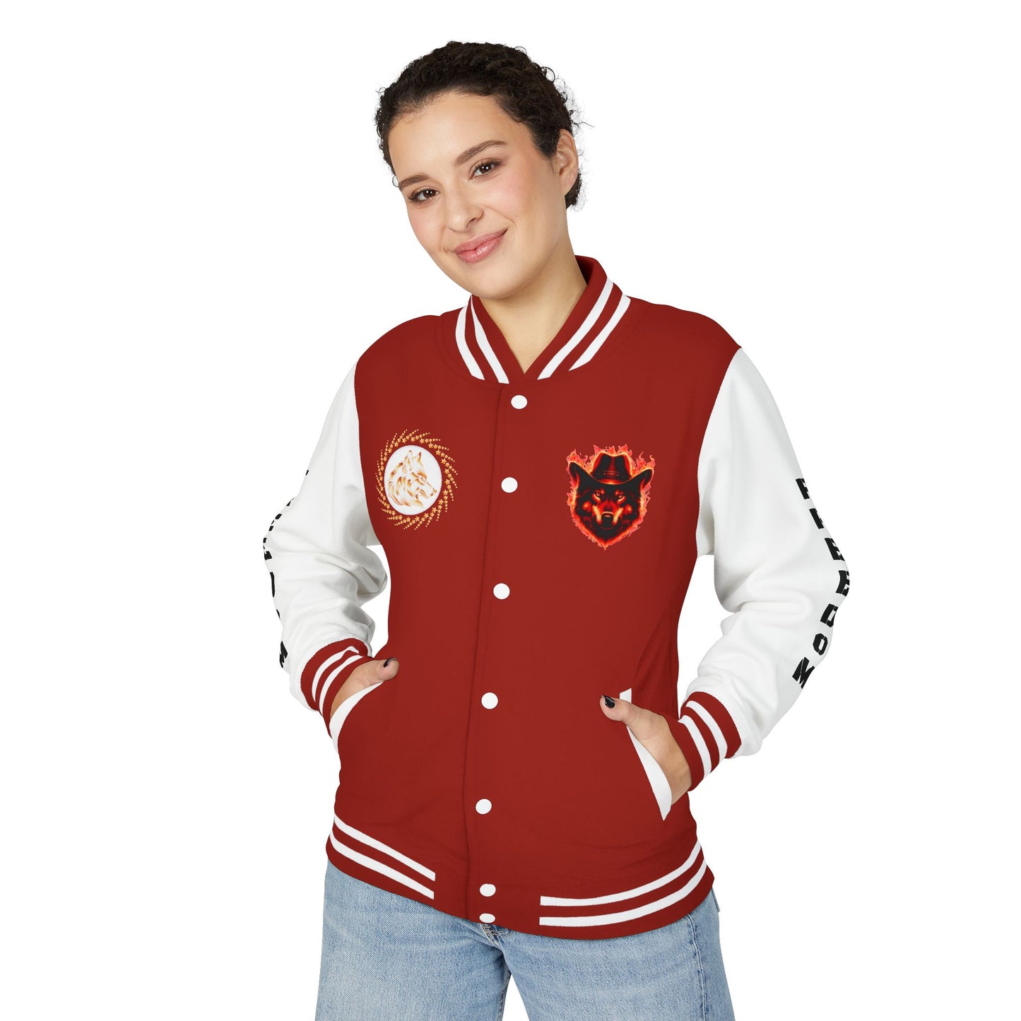 Unisex Heavyweight Letterman Jacket - Freedom Spirit with Wolf and Symbols