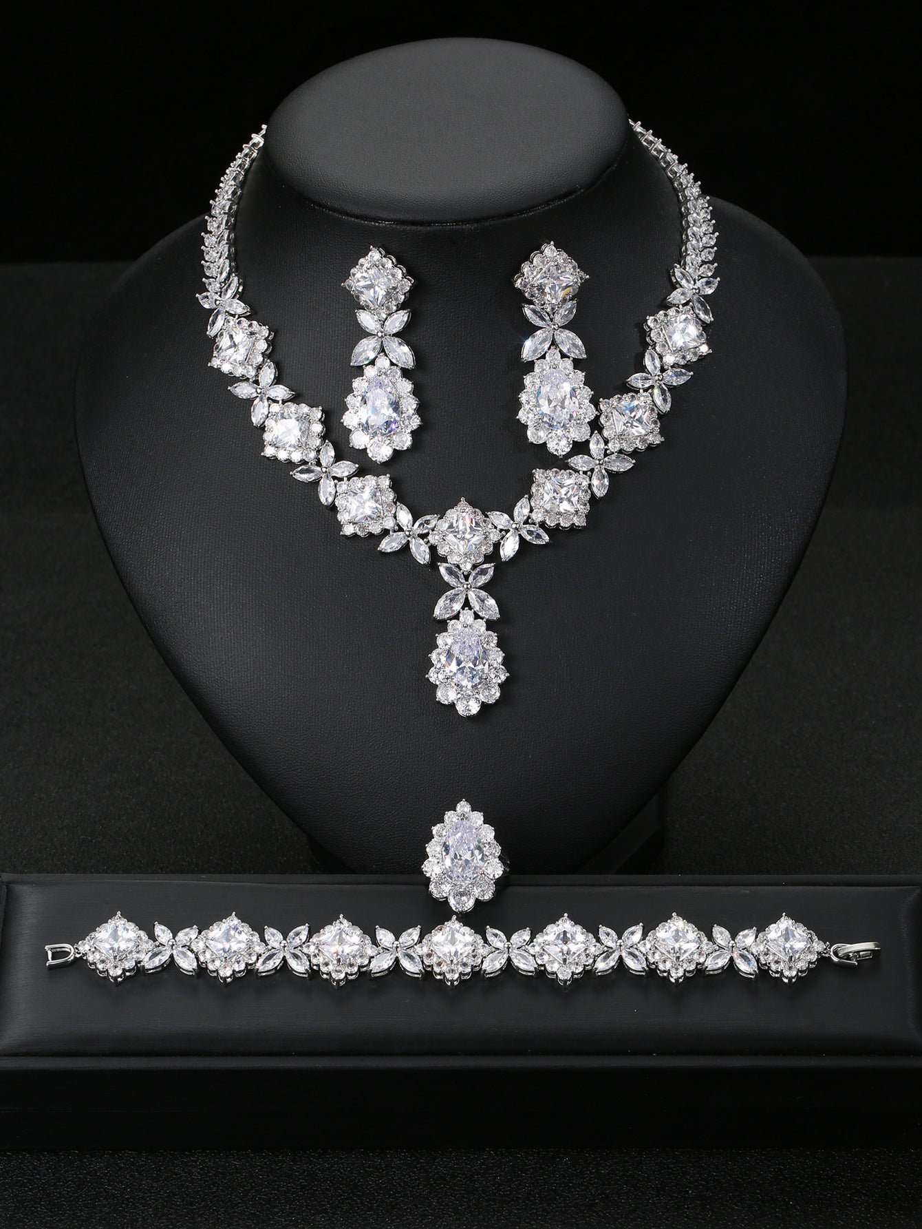 European And American Luxury Zircon Necklace Earring Bracelet Ring Suit