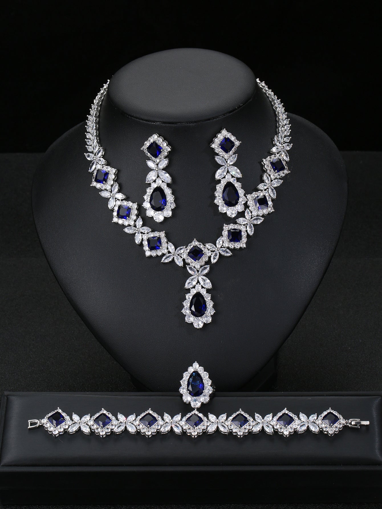 European And American Luxury Zircon Necklace Earring Bracelet Ring Suit