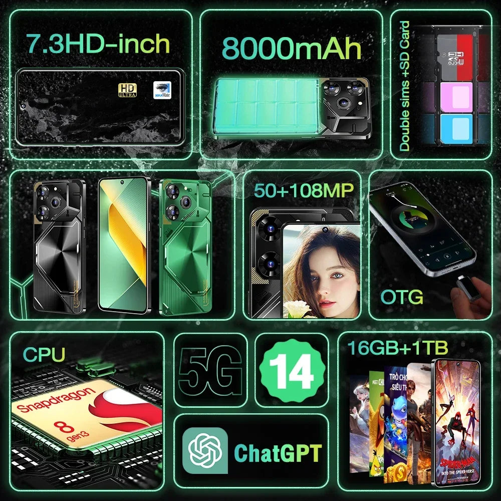 2024 Global Version Povo6pro Cellphone 5G 7.3" HD Smartphone 6800mAh Snapdragon 8 gen3 Android 14 Mobile Phones Unlocked Celular