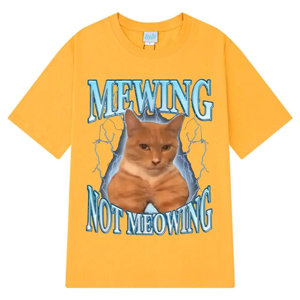 Mewing Not Meowing T Shirt Funny Cute Cats Meme Graphic T-shirts Men Clothing 100% Cotton Short Sleeve Casual Oversized T-shirt