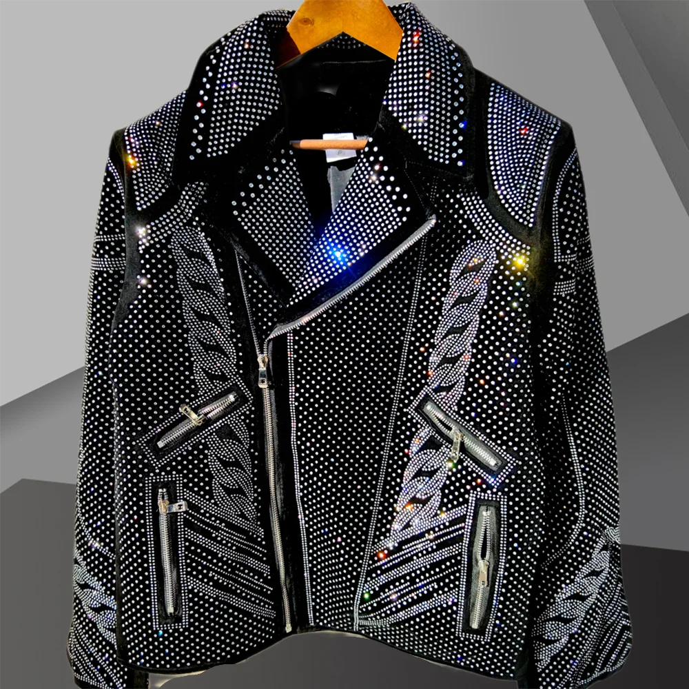 Diamond Rhinestones Jacket Men Top Quality Luxury Hot Drill Punk Club Outfit Jacket Autumn Black Jacket Coat Jaqueta Bomber