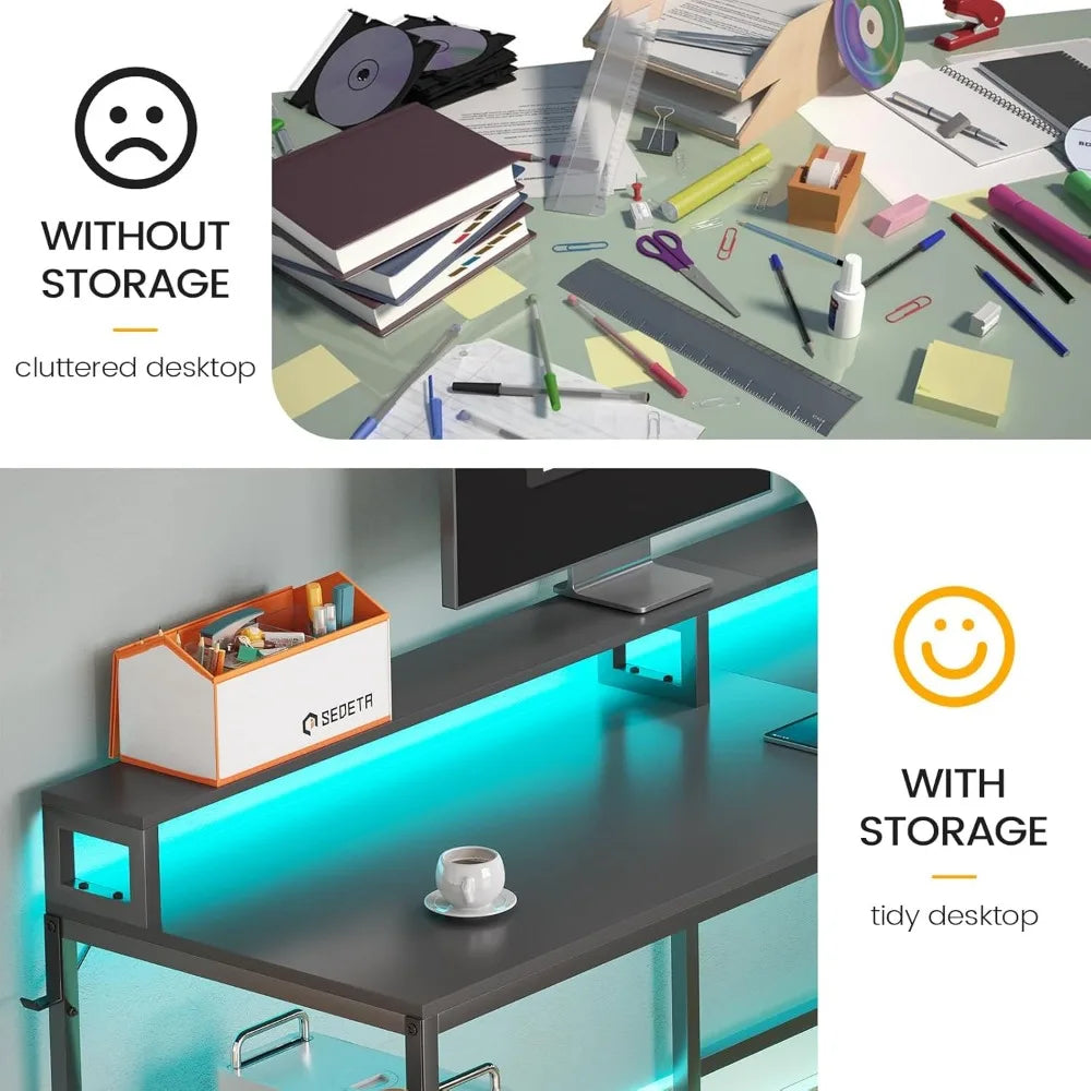 L Shaped Gaming Desk, 66" Home Office Desk with File Drawer & Power Outlet, Corner Gaming Computer Desk with Led Lights,