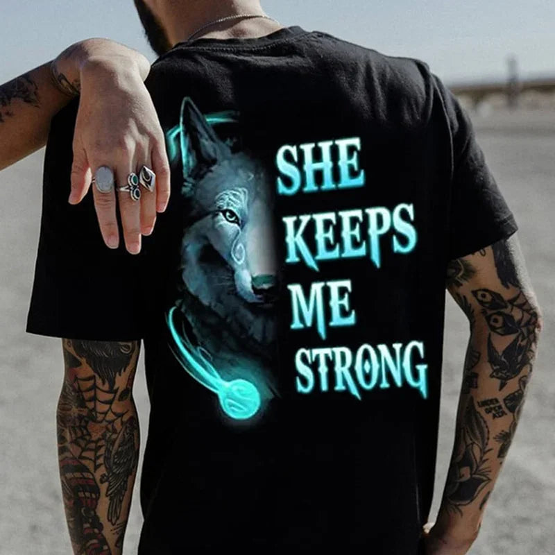 She Keeps Me Strong He Keeps Me Safe Couple Matching T Shirt Wolf Couple T Shirt Casual Black Shirt Tops Valentine Shirts