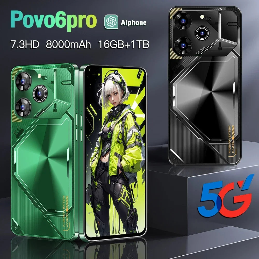 2024 Global Version Povo6pro Cellphone 5G 7.3" HD Smartphone 6800mAh Snapdragon 8 gen3 Android 14 Mobile Phones Unlocked Celular